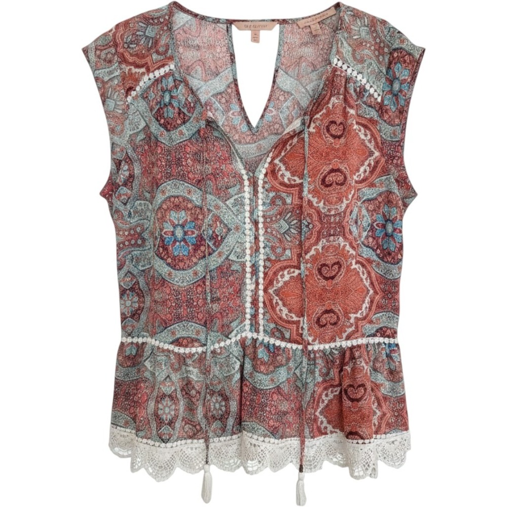 Gibson Latimer Womens Large Paisley Peplum Lace Trim Tassel Boho Blouse Top
